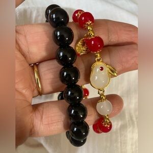 Bundle of 2 Glass Beads Stretch Bracelets Asian Year of the‎ Rabbit